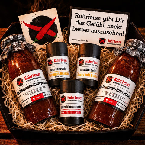 Ruhrfeuer Starterpack Scharf Groß mit zwei Gourmet-Currysaucen scharf, Dem Didi sein Curry mit Bums, Dem Marcus sein Scharfmacher und Dem Tom sein Pommes Gewürz