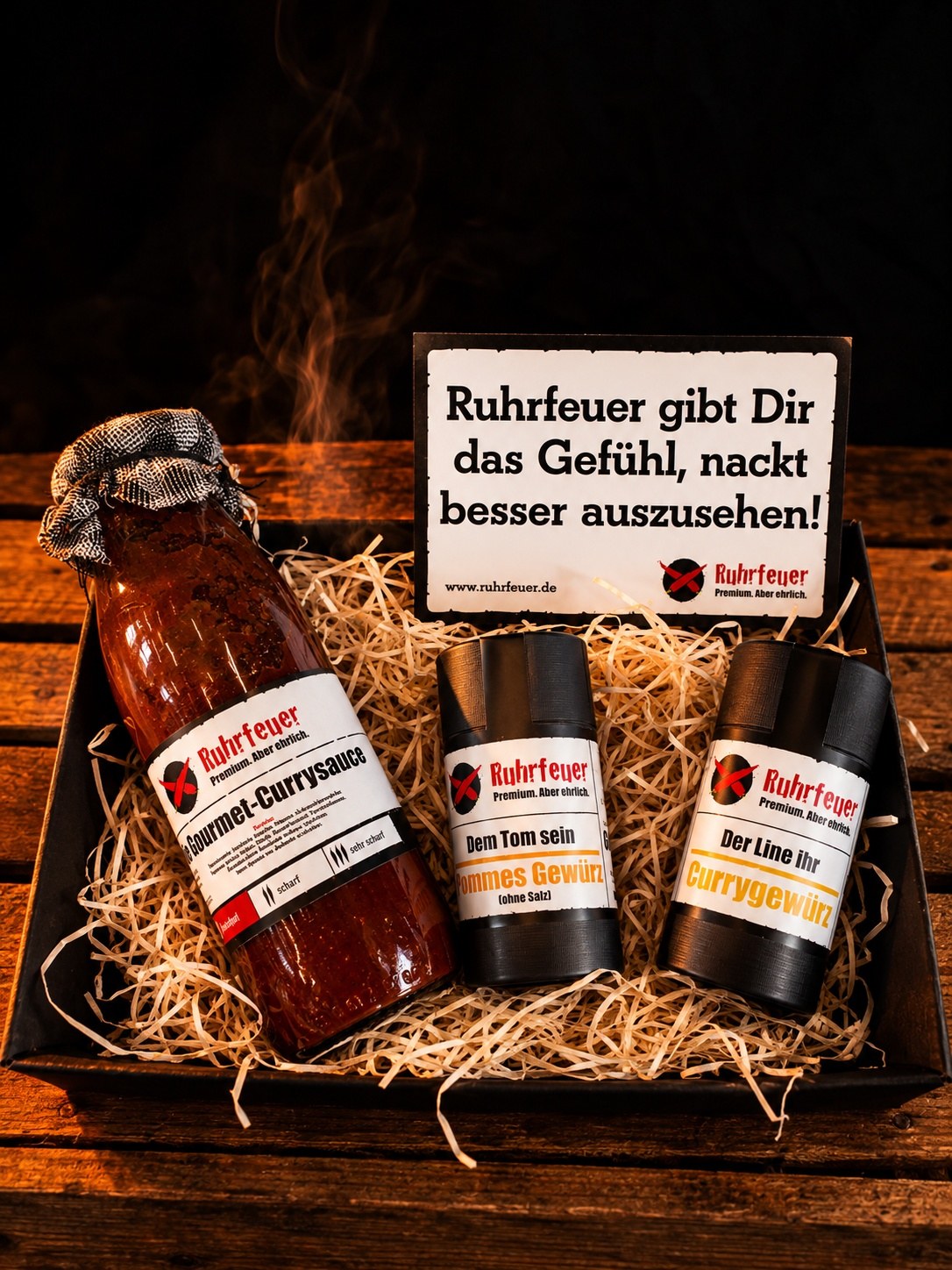 Ruhrfeuer Starterpack Mild mit Gourmet-Currysauce nich scharf, Der Line ihr Currygewürz und Dem Tom sein Pommes Gewürz