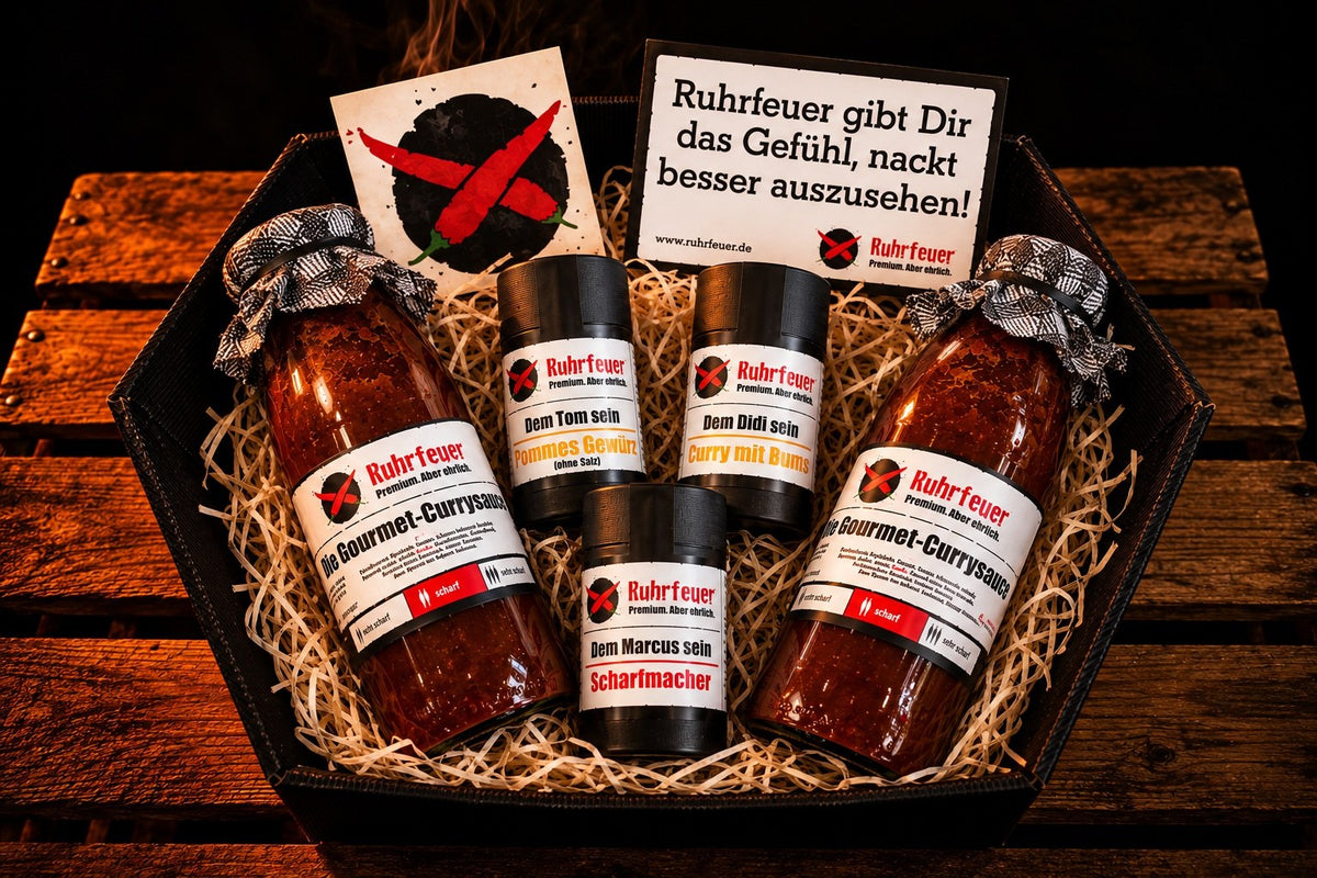 Ruhrfeuer Starterpack Scharf Groß mit zwei Gourmet-Currysaucen scharf, Dem Didi sein Curry mit Bums, Dem Marcus sein Scharfmacher und Dem Tom sein Pommes Gewürz