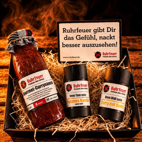 Ruhrfeuer Starterpack Scharf mit Gourmet-Currysauce scharf, Dem Didi sein Curry mit Bums und Dem Tom sein Pommes Gewürz
