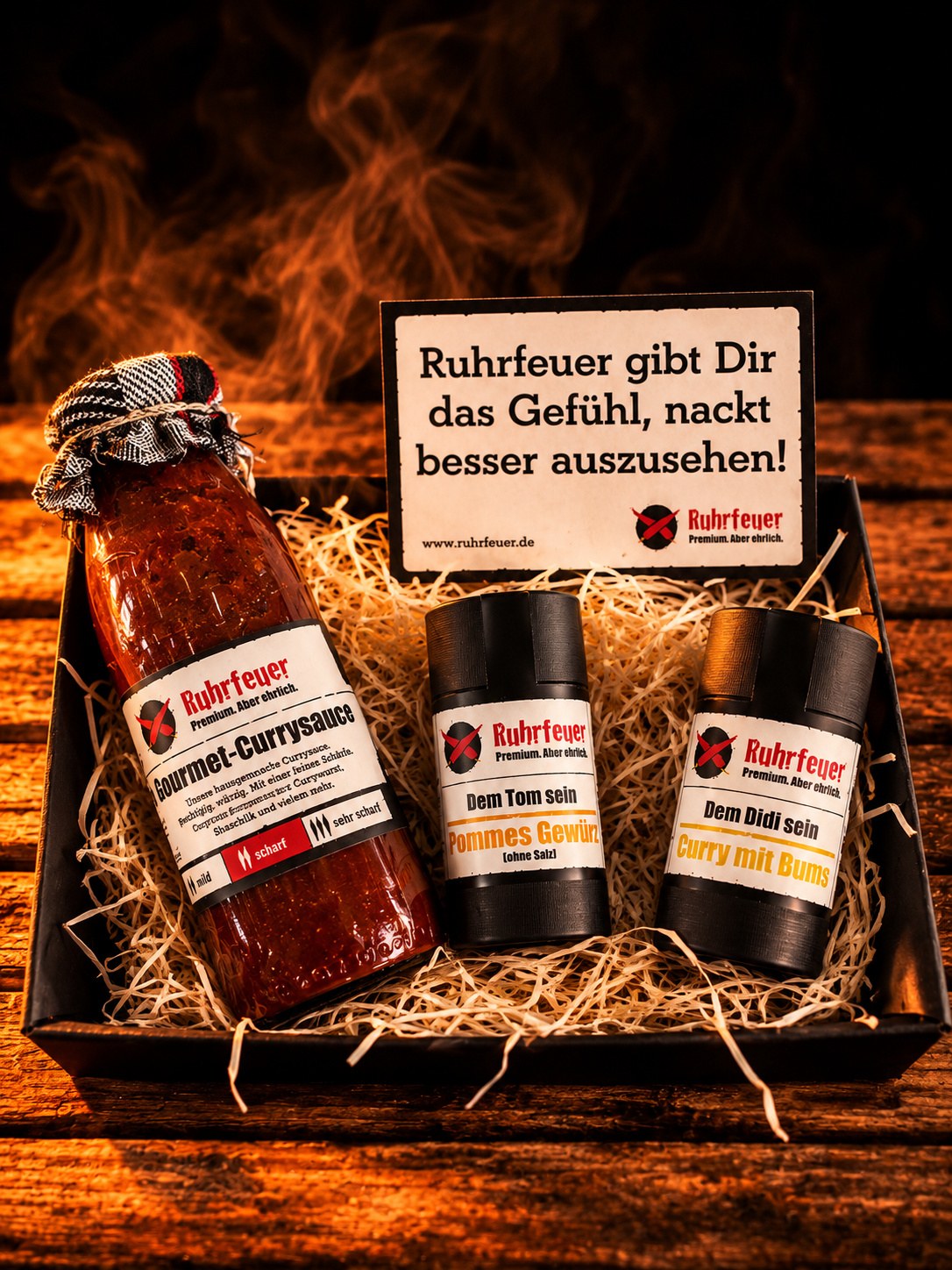 Ruhrfeuer Starterpack Scharf mit Gourmet-Currysauce scharf, Dem Didi sein Curry mit Bums und Dem Tom sein Pommes Gewürz