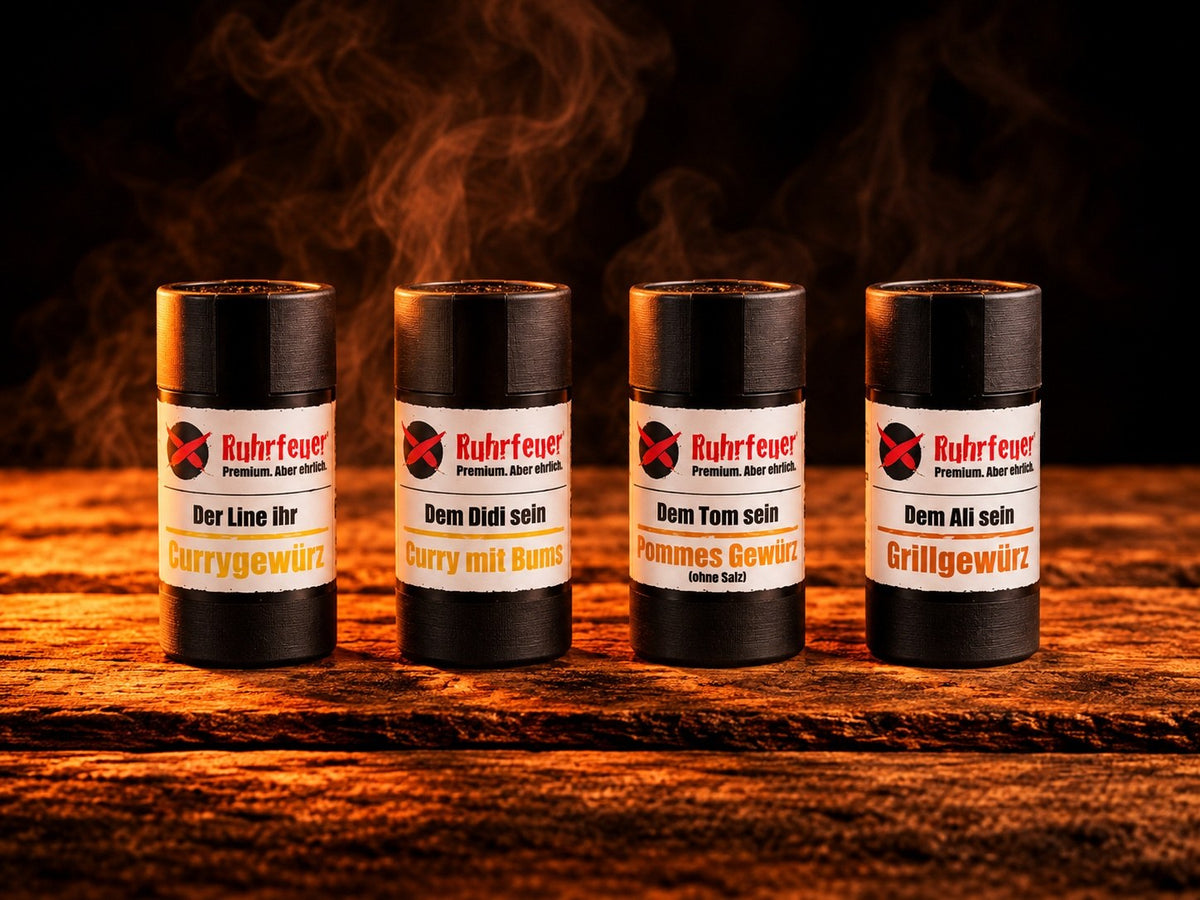 Die Ruhrfeuer Gewürz-Klassiker: Der Line ihr Currygewürz, Dem Didi sein Curry mit Bums, Dem Tom sein Pommes Gewürz und Dem Ali sein Grillgewürz